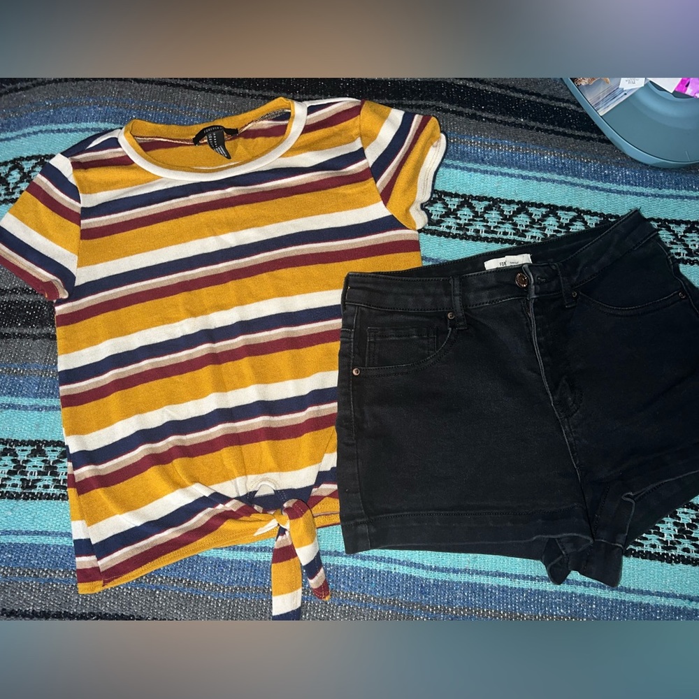 Forever 21 Retro Yellow Striped Shirt and Black Shorts Bundle